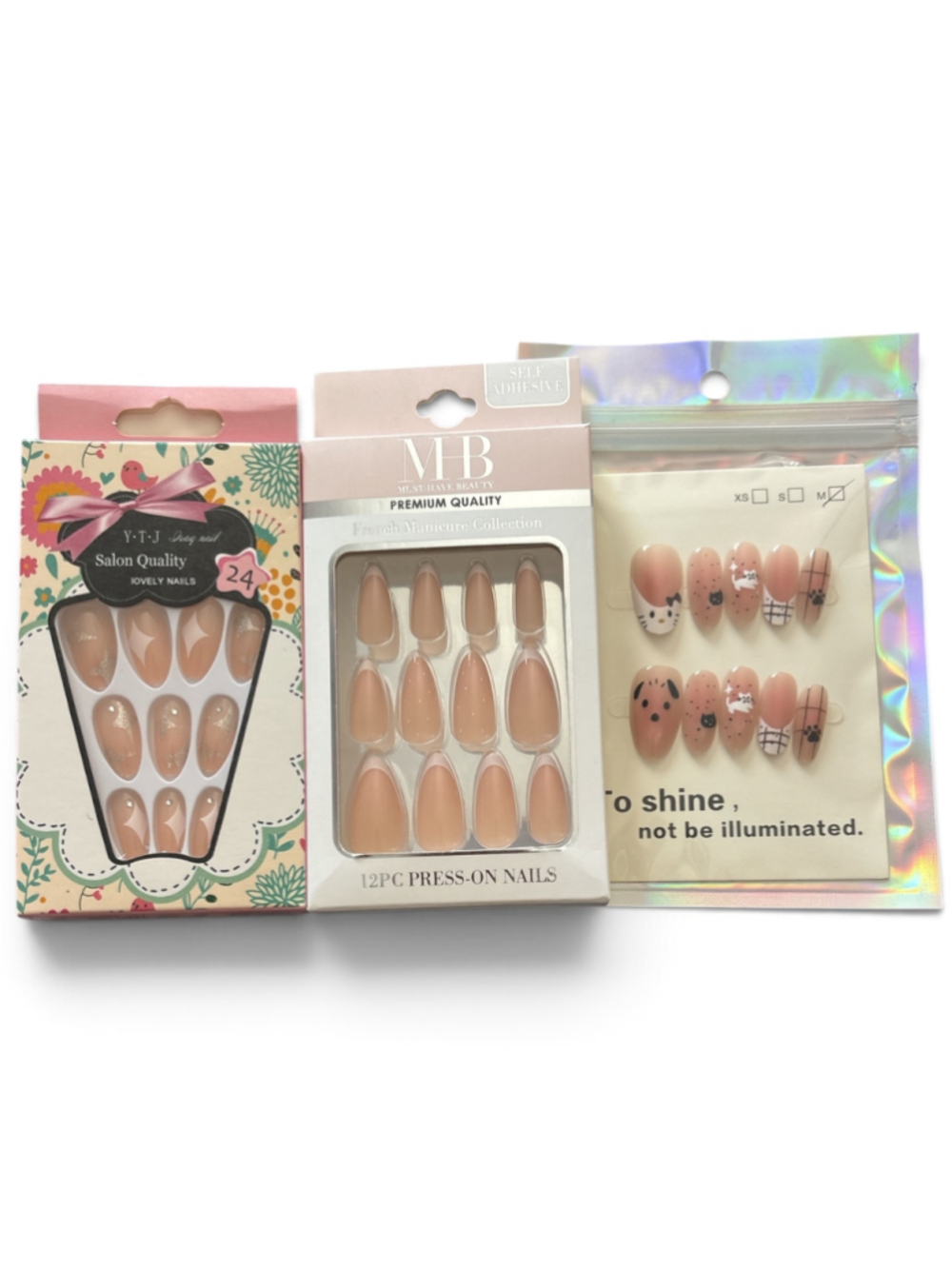Natural and Hello Kitty designed Press-On Nails Set, One Size, Beige and White